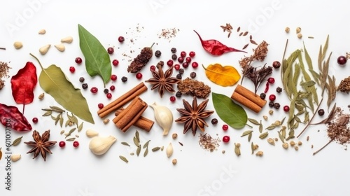 Spices and herbs on white background. variety of spice on white background. AI generative.
