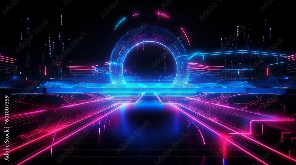 Technological cyberspace background of neon effect. AI generative.