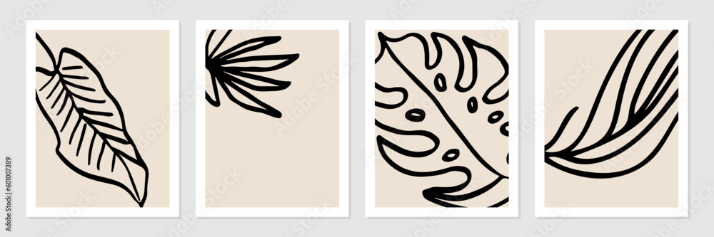 Set of abstract tropical organic shapes, leaves, lines and textures in black on neutral nude and beige background.