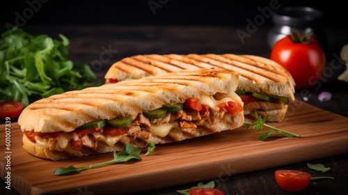 Tasty grilled panini sandwich. AI generative. photo