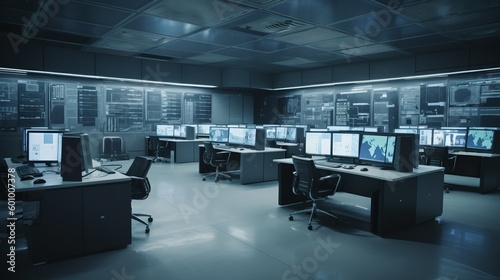 Technologically advanced computer room. Multiple monitors. AI generative.