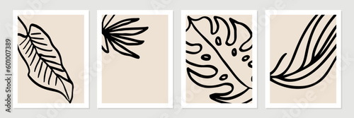 Obraz na płótnie Set of abstract tropical organic shapes, leaves, lines and textures in black on neutral nude and beige background. w salonie
