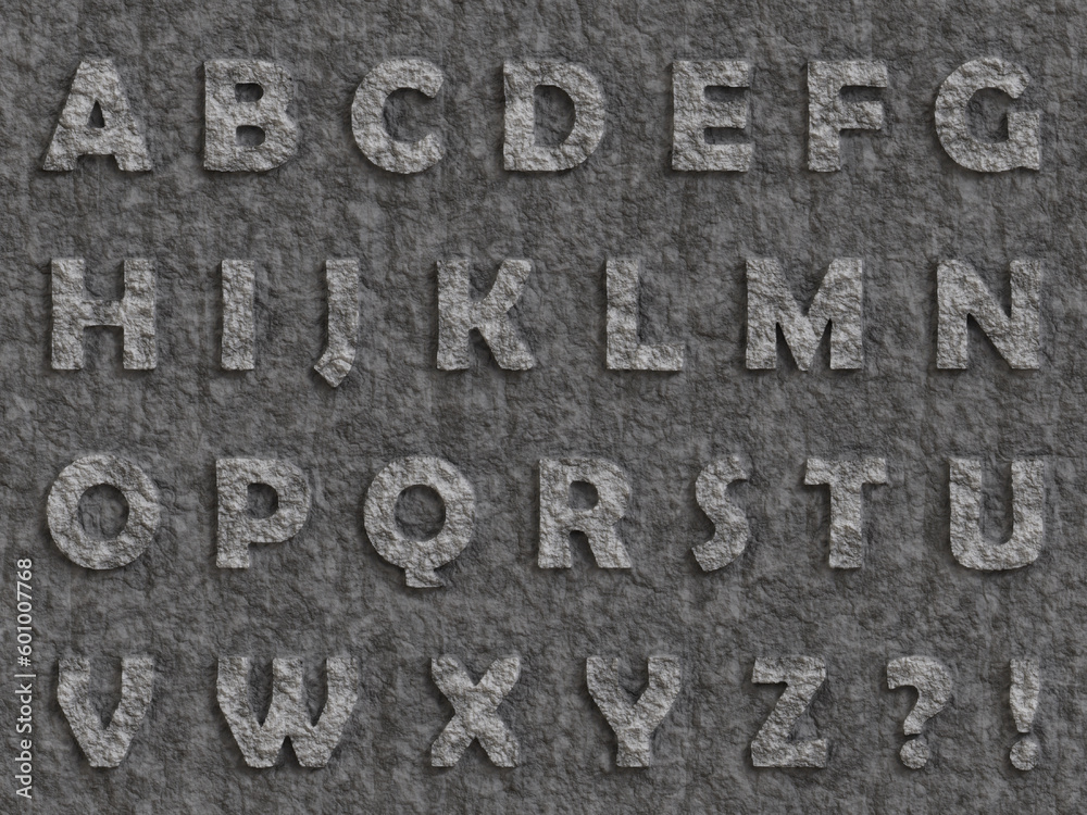 carved stone full alphabet, letters in stone, characters, question mark 3D render carved stone full alphabet, letters in stone, characters, question mark 3D render
