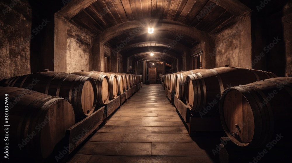Wine cellar interior with large wooden barrels. AI generative.