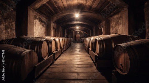 Wine cellar interior with large wooden barrels. AI generative.