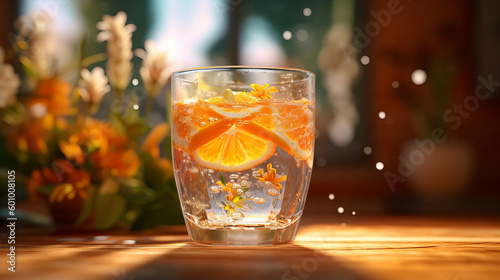 a glass of( Orangeade) . Water particles on side. Flowers and( Orange) surround the glass. Refreshing. Sitting on a wooden table. Light background. ultra photo realistic. Cinematic. made with ai
