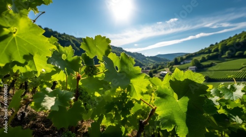 Young grapes in vineyard, hills. AI generative.