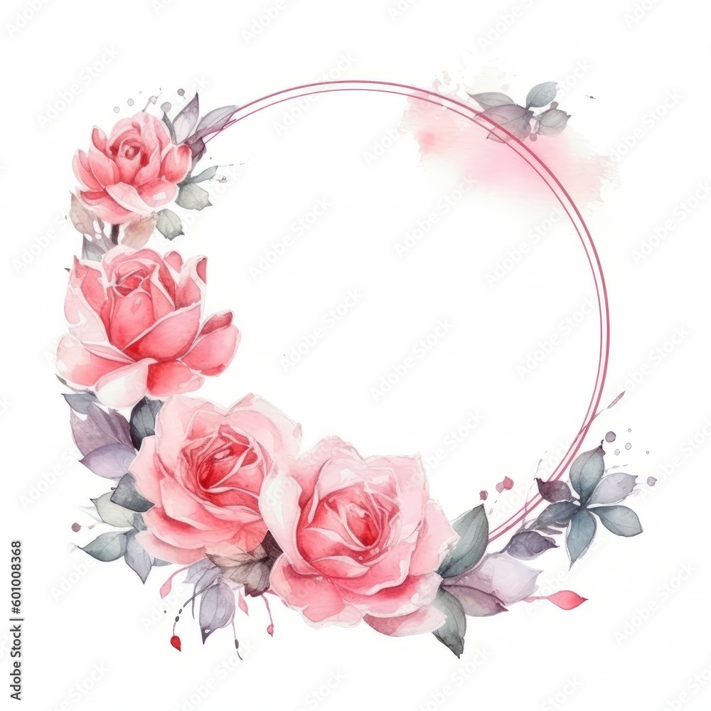 Pastel Pink Watercolor roses frame for Valentine's Day. Sweet Circle Illustration with copy space. Generative AI