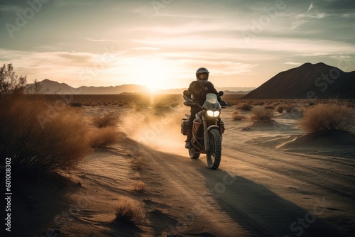 Biker riding a motorcycle through a desert landscape, against a sunset background, with a sense of adventure and freedom. Concept exploration and excitement. Generative AI © bluebeat76