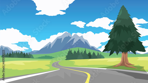 Copy Space Flat Vector Illustration. of curved asphalt road path and environment of wide open fields of green grass. Green plains and low mountains.  Under blue sky and white clouds.
