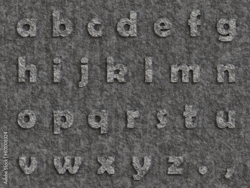 carved stone full alphabet, letters in stone, characters, question mark 3D render
