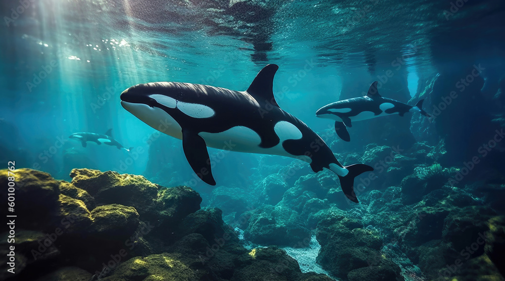 Killer whales (orcas) swim under blue water - obrazy, fototapety, plakaty 