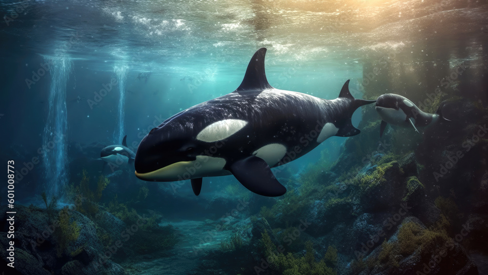 Obraz premium Killer whales (orcas) swim under blue water