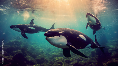 Killer whales (orcas) swim under blue water © Tatiana