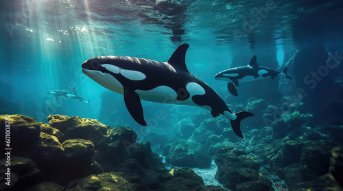 Killer whales (orcas) swim under blue water photo