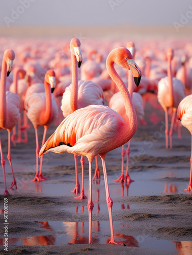 A flock of pink flamingos on the coast