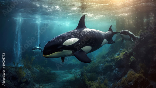 Killer whales  orcas  swim under blue water