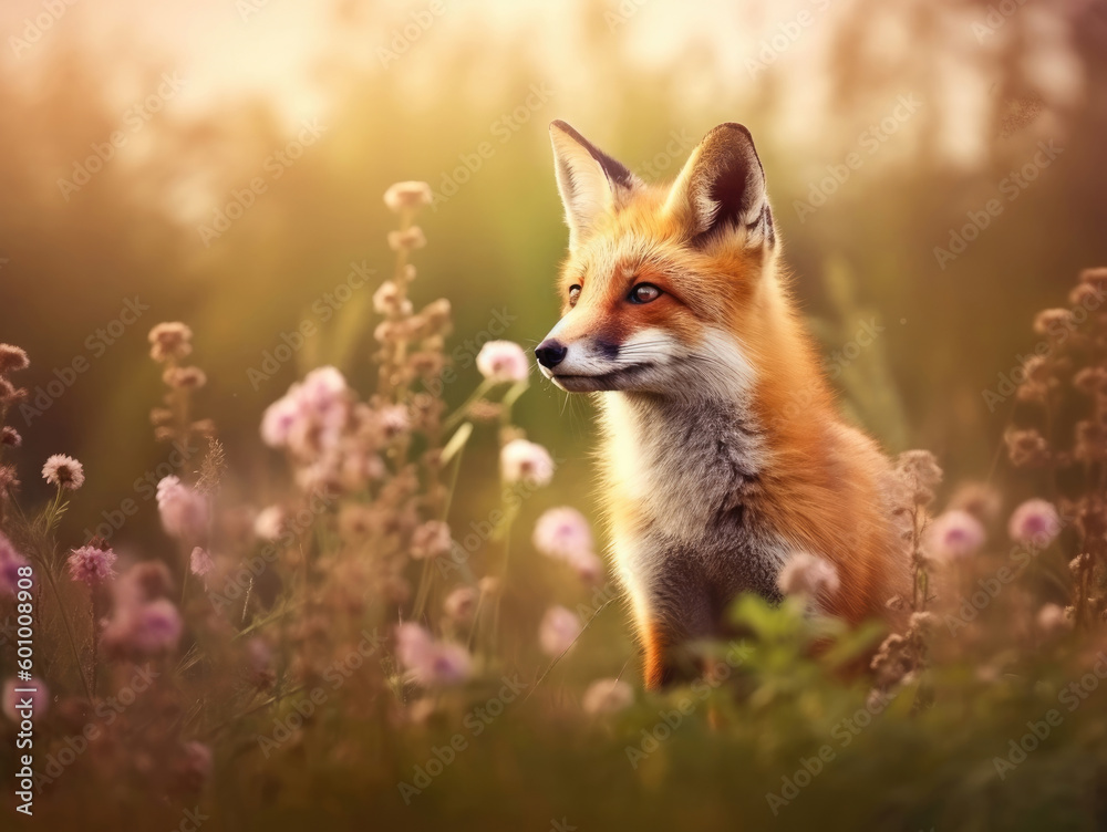 Fototapeta premium Curious red fox on a green meadow