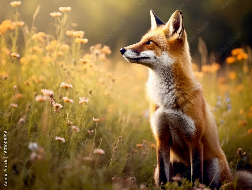 Fototapeta premium Curious red fox on a green meadow