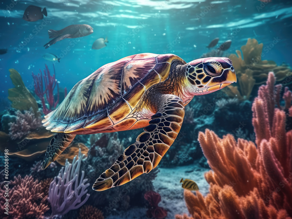 Sea turtle swims under blue water Sea turtle swims under blue water