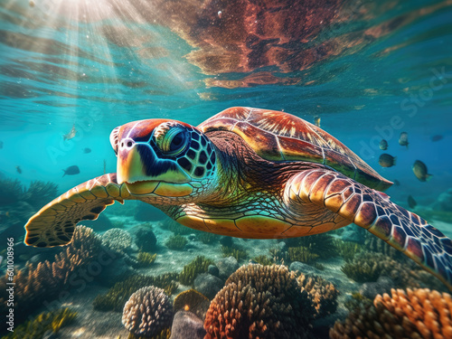 Sea turtle swims under blue water © Tatiana