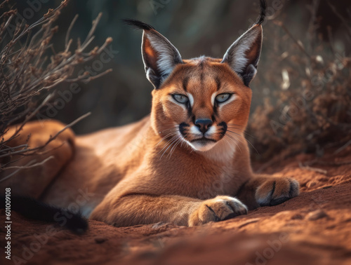 Cat caracal in the wild sits on the ground and looks at the camera. photo