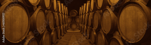 Wine or cognac barrels in the cellar of the winery, Wooden wine barrels in perspective. wine vaults. vintage oak barrels of craft beer or brandy