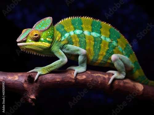 The chameleon sits on a branch and hunts for insects. © Tatiana