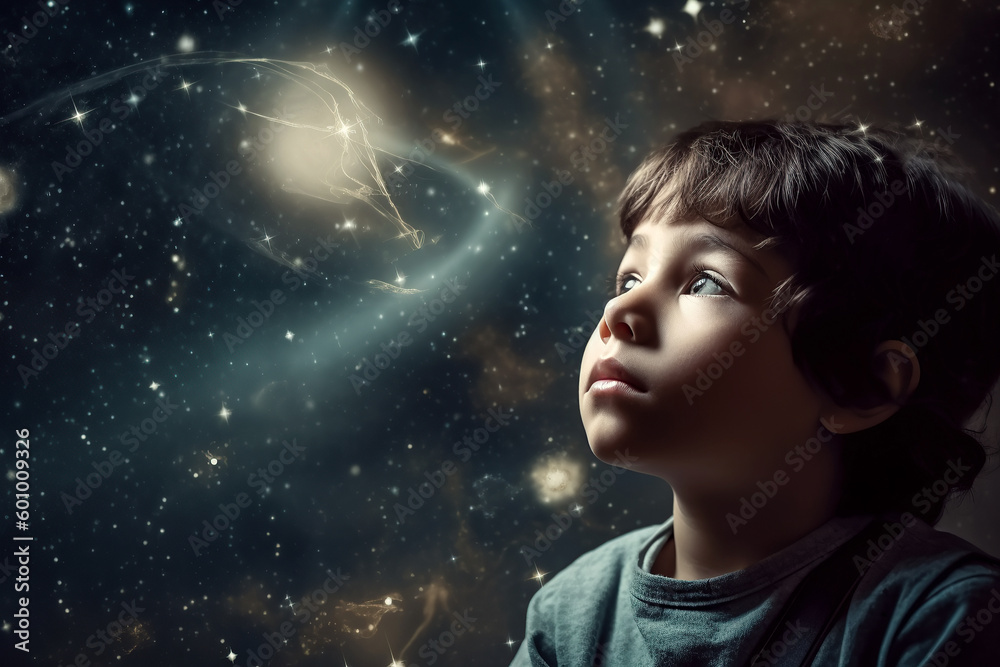 sleeping boy child dreams of space with stars in dream at night. Generative AI illustration sleeping boy child dreams of space with stars in dream at night. Generative AI illustration