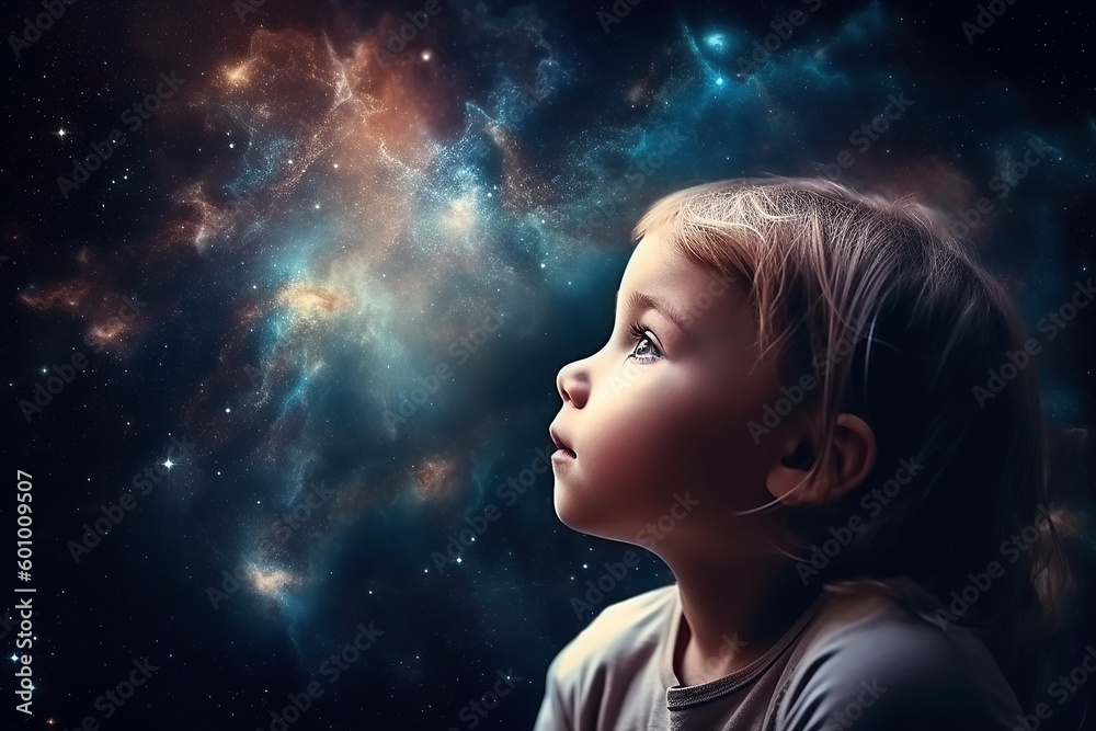 sleppy child baby in dream at night dreams of space with stars. Generative AI illustration