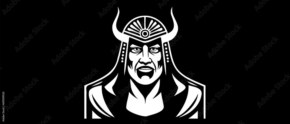 Vector simple monochrome portrait of a brutal scary man in a helmet with horns on a black background.
