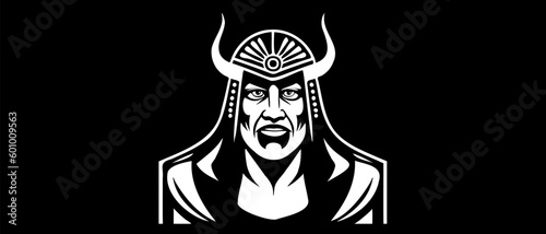 Vector simple monochrome portrait of a brutal scary man in a helmet with horns on a black background.