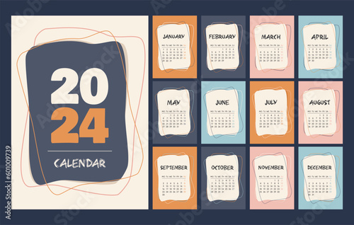 Calendar 2024 template, orange, pink, blue and white desk calendar design. Week start On Monday, planner, stationery, wall calendar. Vector illustration