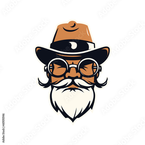 Men and with cartoon mustache and glasses in hat. Cartoon vector logo.