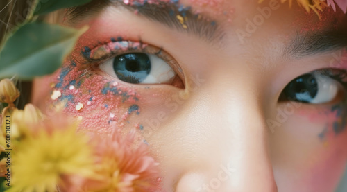 AI generated colorful creativemakeup. Closeup illustration. Macro shot, flowers.