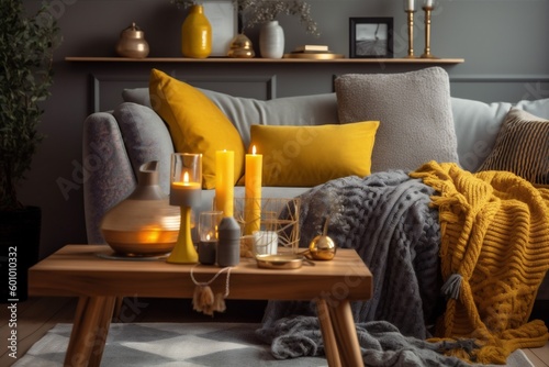 home sofa house interior yellow modern pillow bright decor grey cushion. Generative AI.