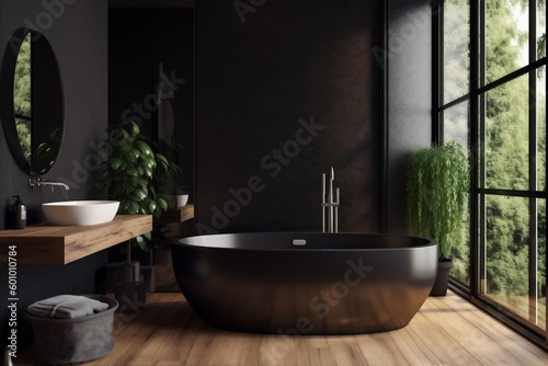 design home black interior bathroom furniture luxury wood modern contemporary bathtub. Generative AI.