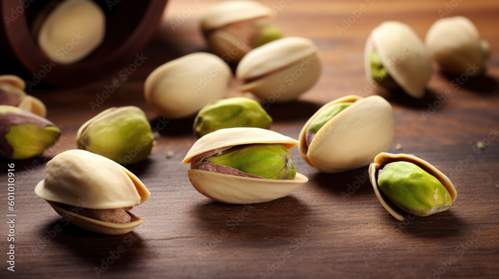 Pistachios seen up close with a wooden background. generate by ai Pistachios seen up close with a wooden background. generate by ai