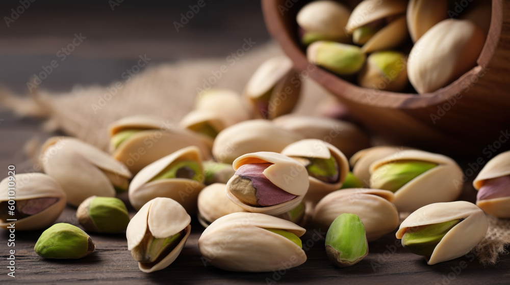 Pistachios seen up close with a wooden background. generate by ai Pistachios seen up close with a wooden background. generate by ai