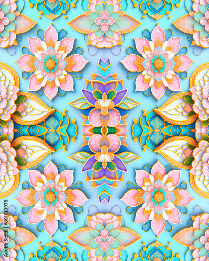 Watercolor arabesque Style of intricate mandalas pattern and flowers with lively colors. Pattern seamless of mandalas and beautiful flowers in blue background. Generative ai