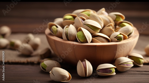 Pistachios seen up close with a wooden background. generate by ai