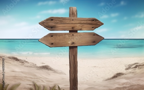 Arrow wooden sign at the tropical beach. Generative Ai image