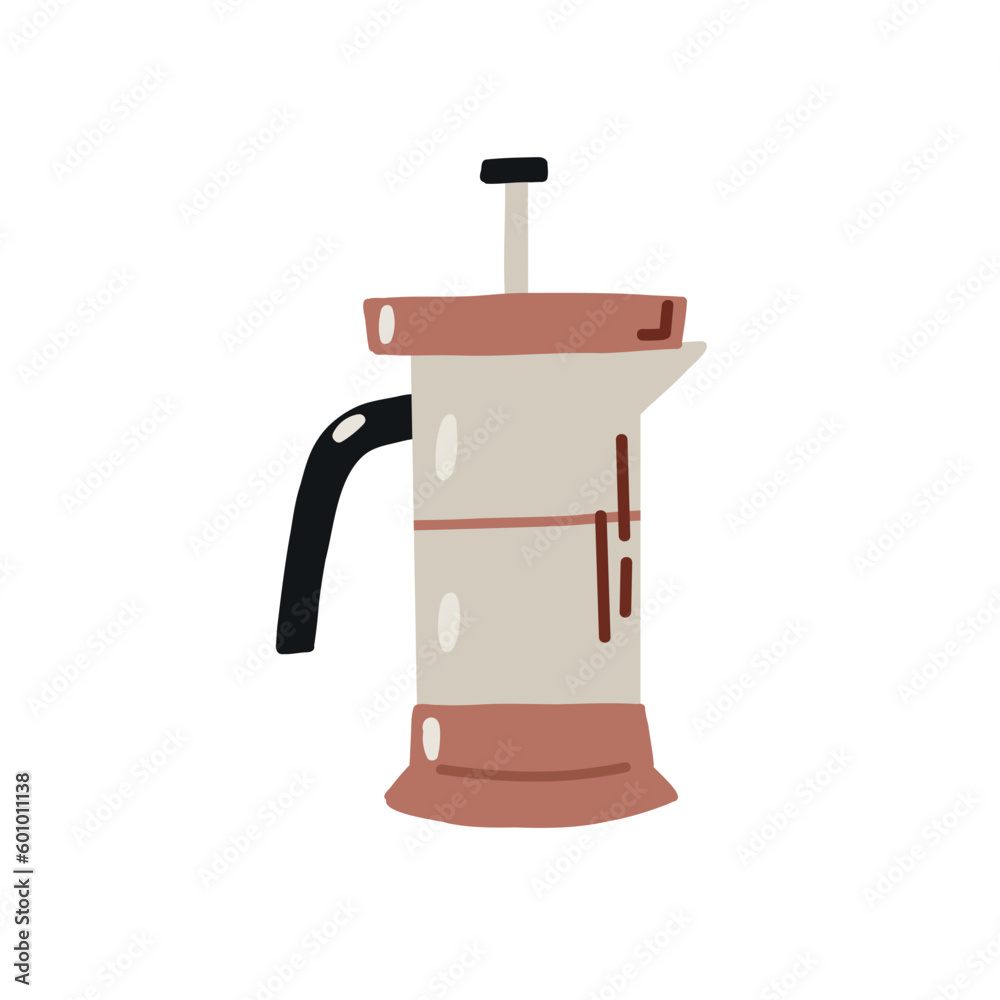 French press for brewing coffee. Equipment for making aromatic beverage. Hand drawn kids vector illustration in doodle style