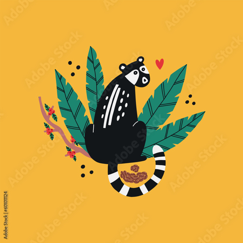 Asian animal Kopi Luwak with feces in tropical leaves. Civet coffee cat cute character. Hand drawn kids vector illustration in doodle style