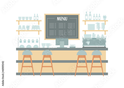 Interior of coffee shop. Flat illustration of a cafe bar counter isolated on a white background. Vector 10 EPS.