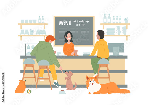 Pet friendly cafe scene. Flat illustration of cute dogs and their owners resting in the cozy coffee shop. Vector 10 EPS.