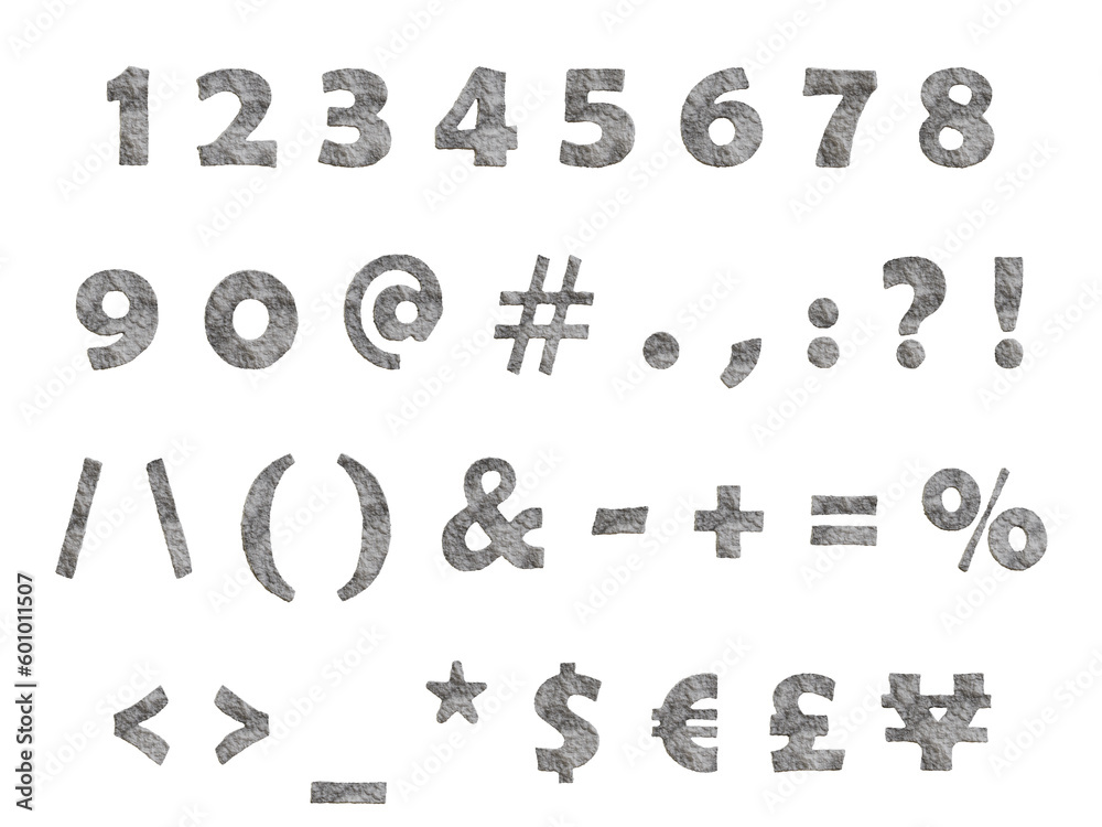 carved stone numbers and symbols, chiseled in rock, characters, digit ...