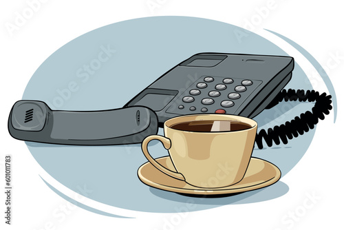 Telephone receiver and cup of tea. Coffee break at hotline call center office. Answering machine. Occupied sign waiting loop. colored realistic vector graphic illustration on white background.