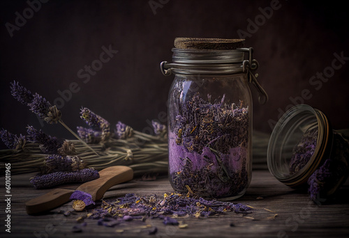 Dried lavender in a jar on the table. AI Generated