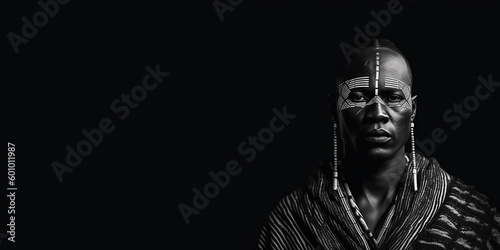 Black and white photorealistic studio portrait of a Maasai Warrior on black background. Generative AI illustration © JoelMasson